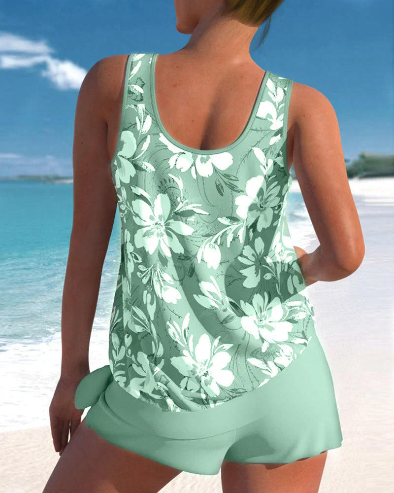 Women’s Tankini Set – Relaxed Fit – Breathable Blend – Flowy Top with Wrap Shorts