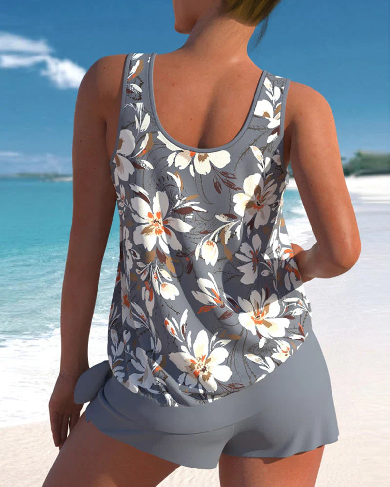 Women’s Tankini Set – Relaxed Fit – Breathable Blend – Flowy Top with Wrap Shorts