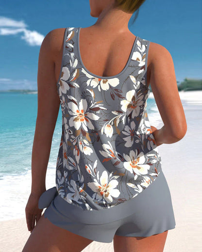 Women’s Tankini Set – Relaxed Fit – Breathable Blend – Flowy Top with Wrap Shorts