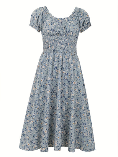 Floral summer midi dress with puff sleeves for women