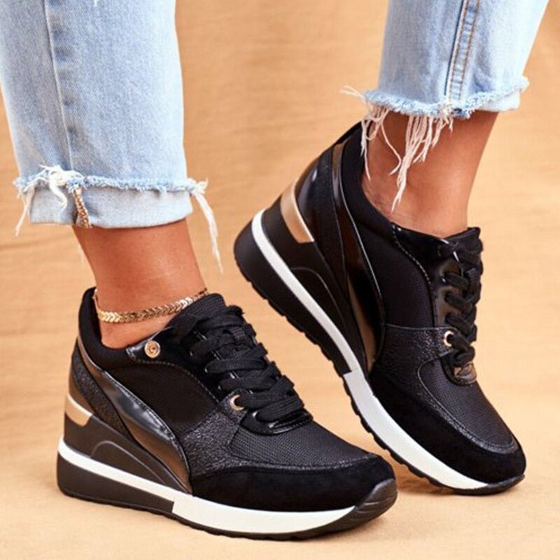 Women's Fashion Sneakers - Lace-Up - Breathable Mesh & Faux Leather - Platform Sole