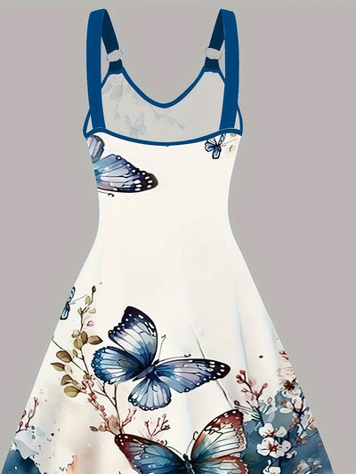 Sleeveless Butterfly Print V-Neck Dress with Ring Detail for Women