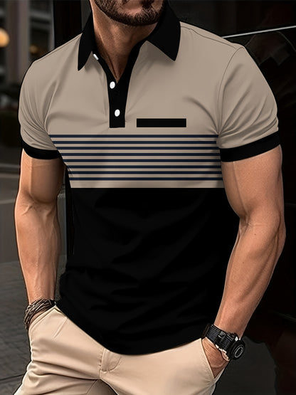 Men's Polo Shirt - Slim Fit - Short Sleeve - Striped Chest Design - Buttoned Placket