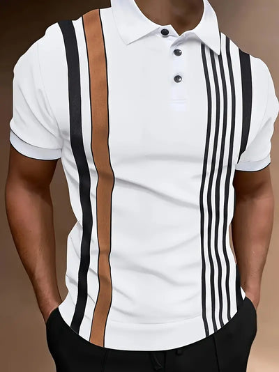 Men’s Polo Shirt - Slim Fit - Short Sleeve - Vertical Stripe Pattern - Classic Collar