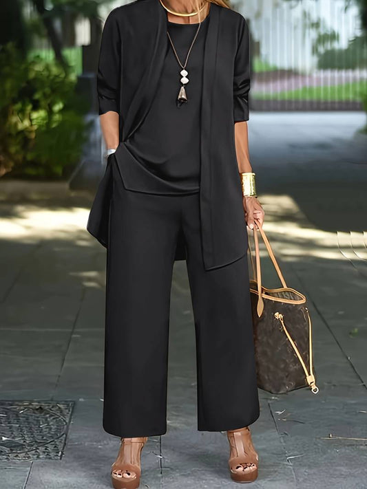 Women's Three-Piece Trouser Suit - Long Open-Front Jacket & Wide-Leg Trousers - Elegant Set