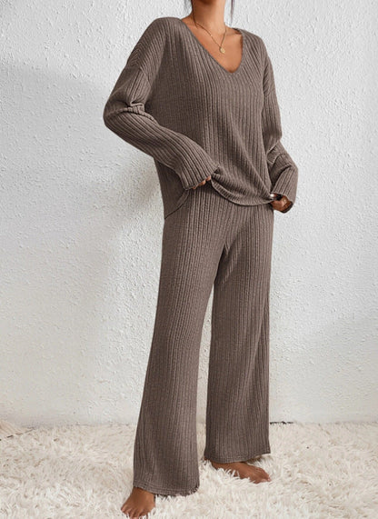 Women's Ribbed Knit Loungewear Set - V-Neck Sweater & Wide-Leg Trousers - Soft Stretch Fabric