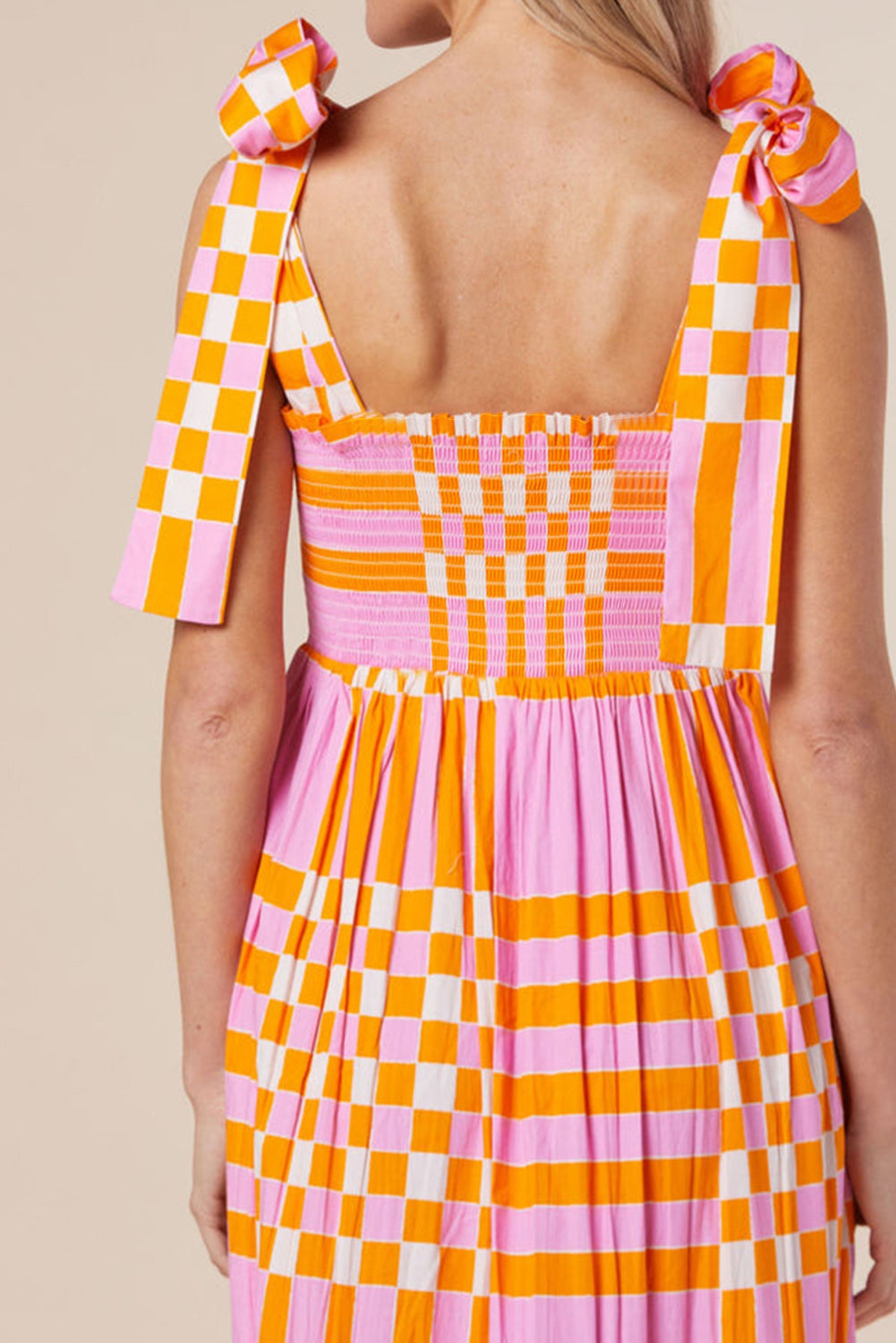 Women’s Maxi Dress – A-Line Fit – Bow Straps – Lightweight Woven – Checkered Pattern