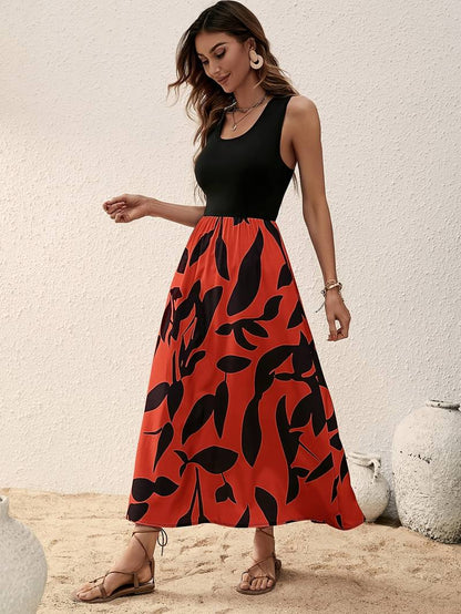 Women's Sleeveless Maxi Dress - Fitted Bodice - Scoop Neck - Flowy A-Line Skirt
