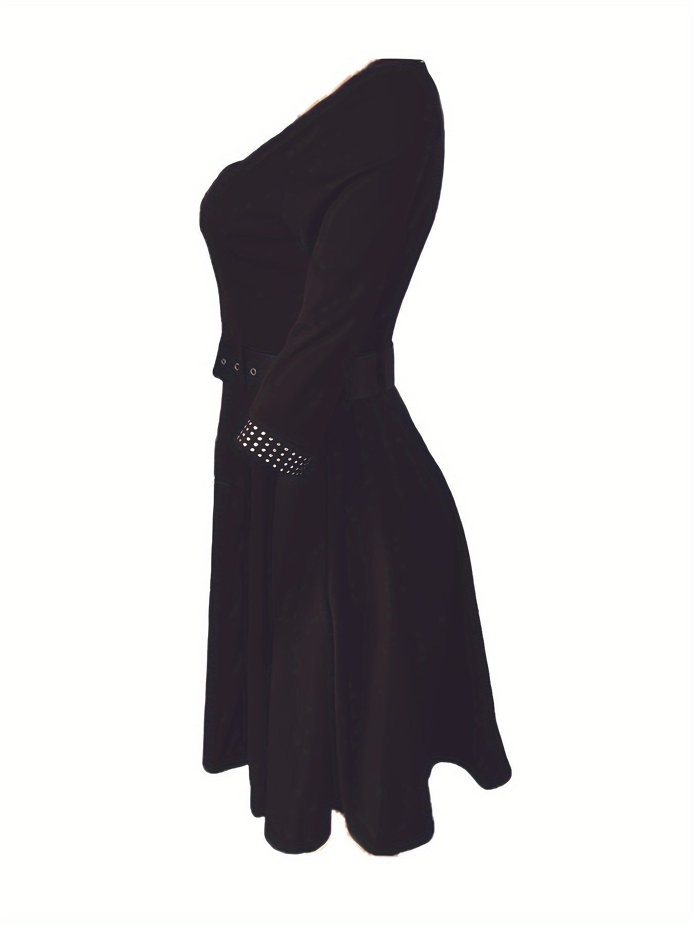 Women's A-Line Dress - V-Neck Embellished - 3/4 Sleeve Midi - Belted Waist