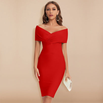 Women's Off-Shoulder V-Neck Bandage Dress – Elegant Bodycon Party Dress