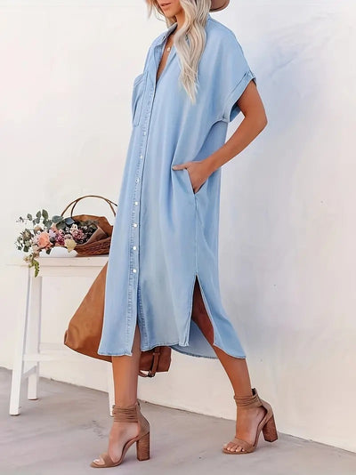 Women's Button-Up Midi Dress - Relaxed Fit - Short Sleeve - Collared Neck - Side Pockets