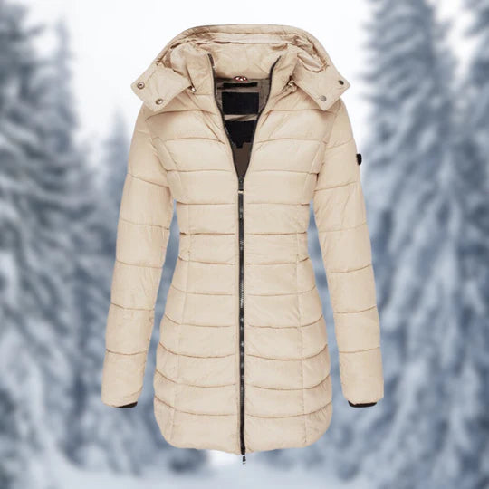 Women's mid-length winter coat with detachable hood