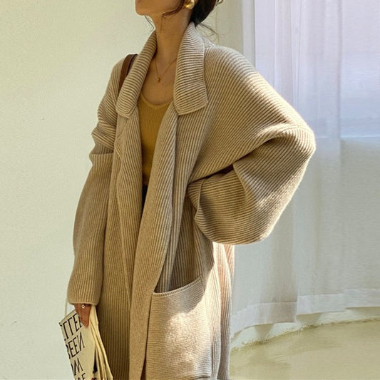 Women's Long Knitted Cardigan - Cozy Belted Robe with Lapel Collar - Casual Chic for Fall/Winter