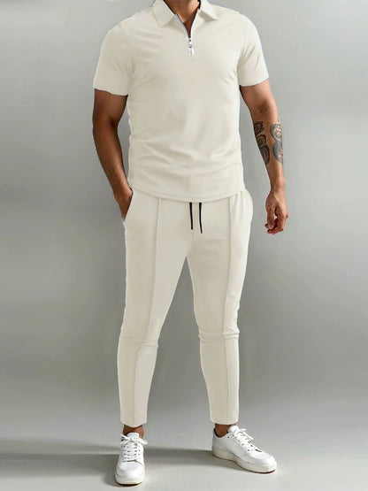 Men's Polo Shirt & Track Trousers - Zip Neck - Short Sleeve - Elastic Waist - Casual Fit