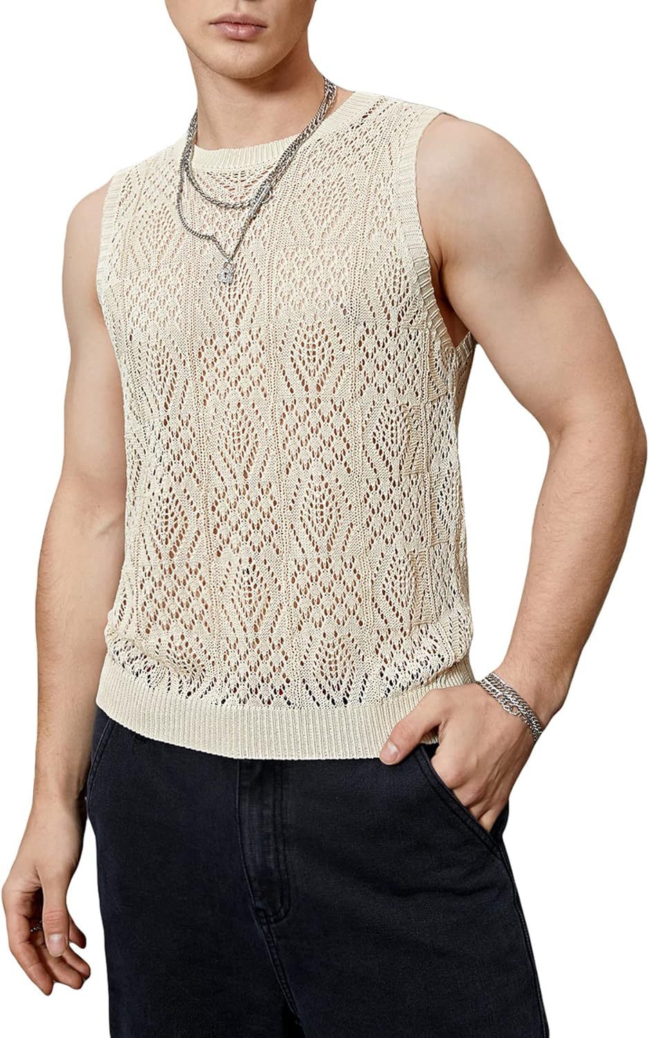 Men’s Crochet Tank Top - Sleeveless Geometric Knit - Lightweight & Breathable
