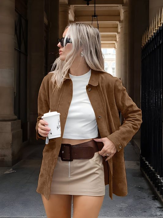 Women’s Oversized Jacket – Relaxed Fit – Button Front – Mid-Length Coverage