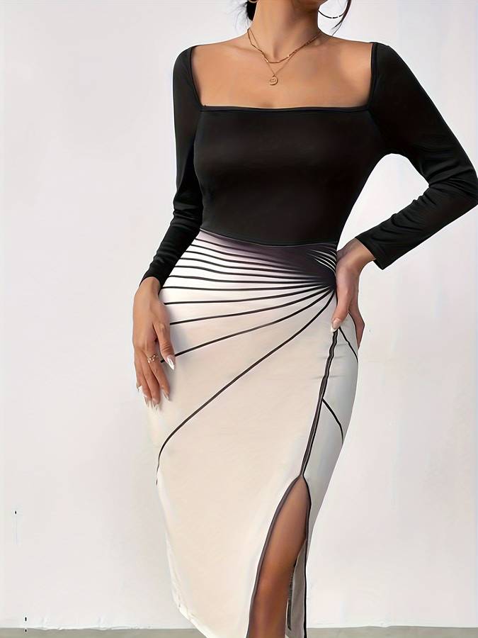 Women's Bodycon Dress - Square Neck - Long Sleeve - High Slit - Figure-Hugging Fit