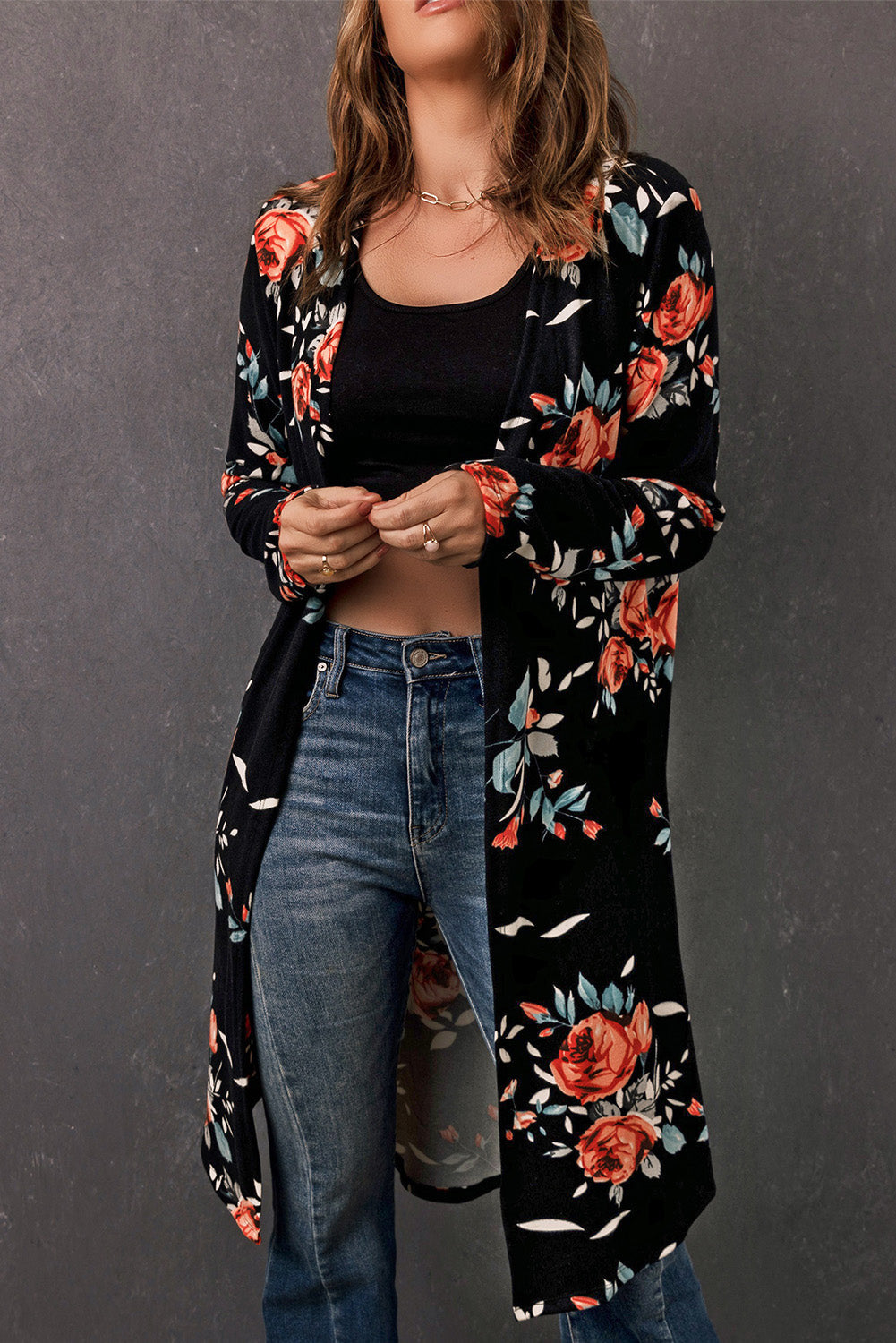 Women's printed open front long cardigan