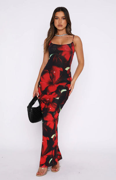 Women’s Maxi Dress – Slim Fit – Floral Print – Spaghetti Straps – Breathable Fabric