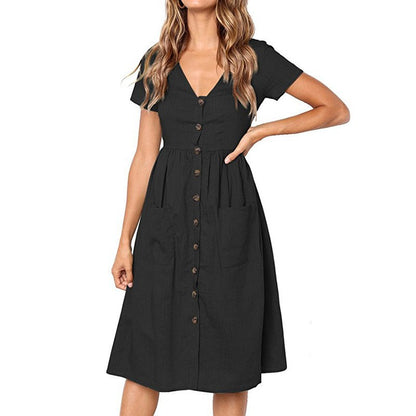 Women's Midi Dress - V-Neck Button Down - Short Sleeve Casual Fit