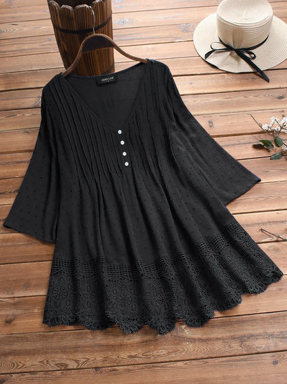 Women’s Boho Tunic Top – V-Neck – Bell Sleeves – Crochet Hem