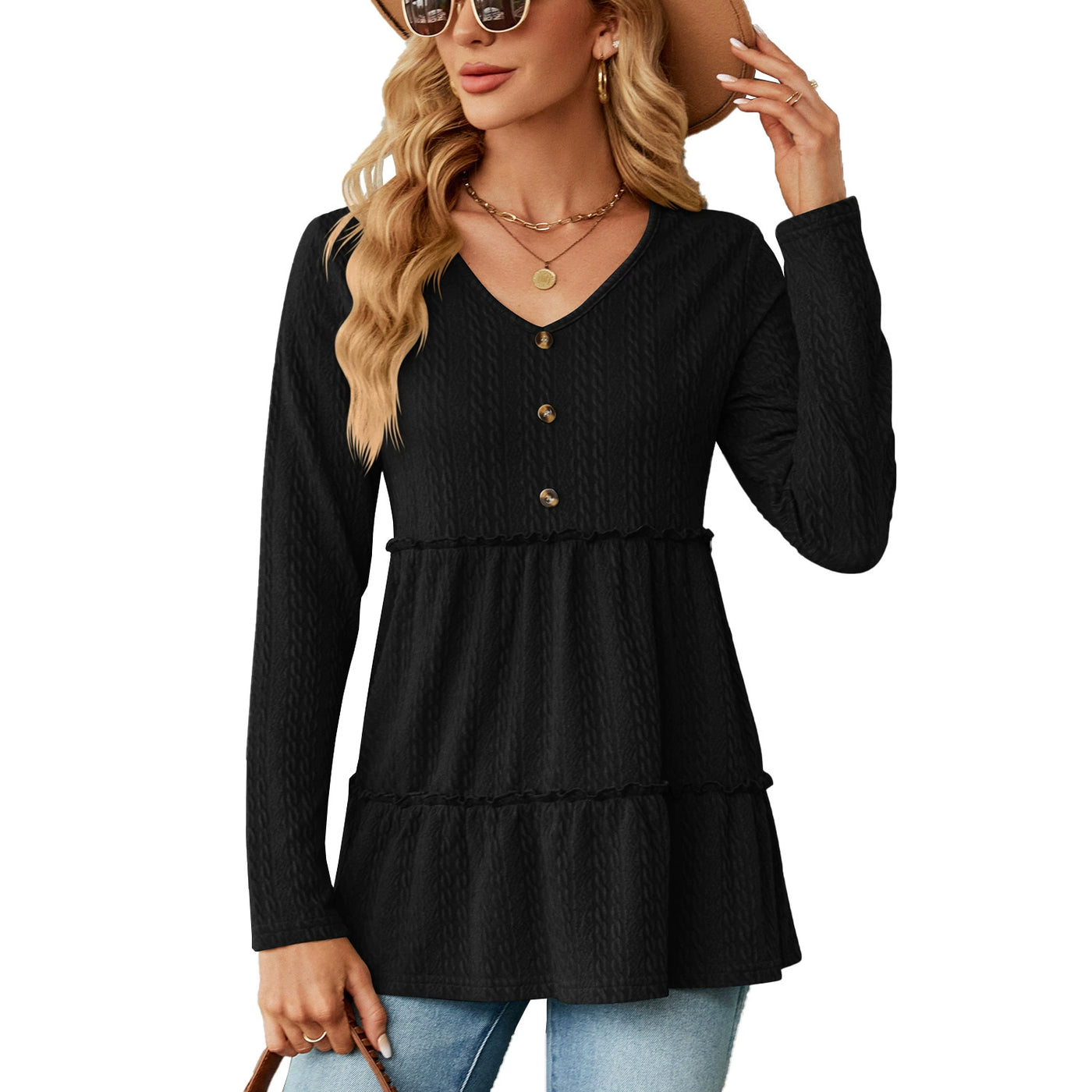 Women's casual solid color V-neck top