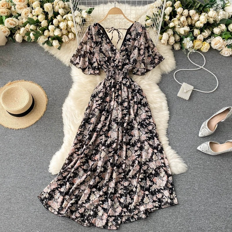 Women's Maxi Dress - V-Neck Shirred Waist - Short Flowing Sleeves - Elegant Fit
