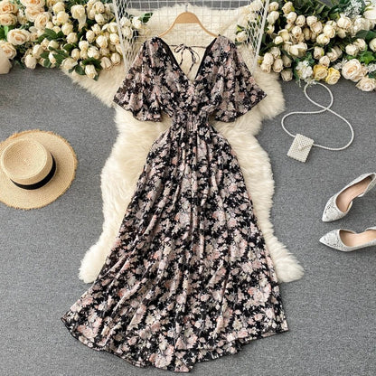 Women's Maxi Dress - V-Neck Shirred Waist - Short Flowing Sleeves - Elegant Fit