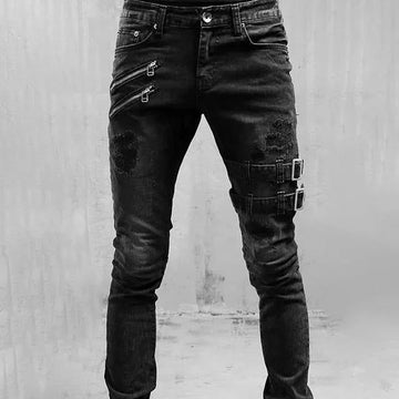 Ronaldo - Heren biker broek mode gesp punk skinny gescheurde jeans