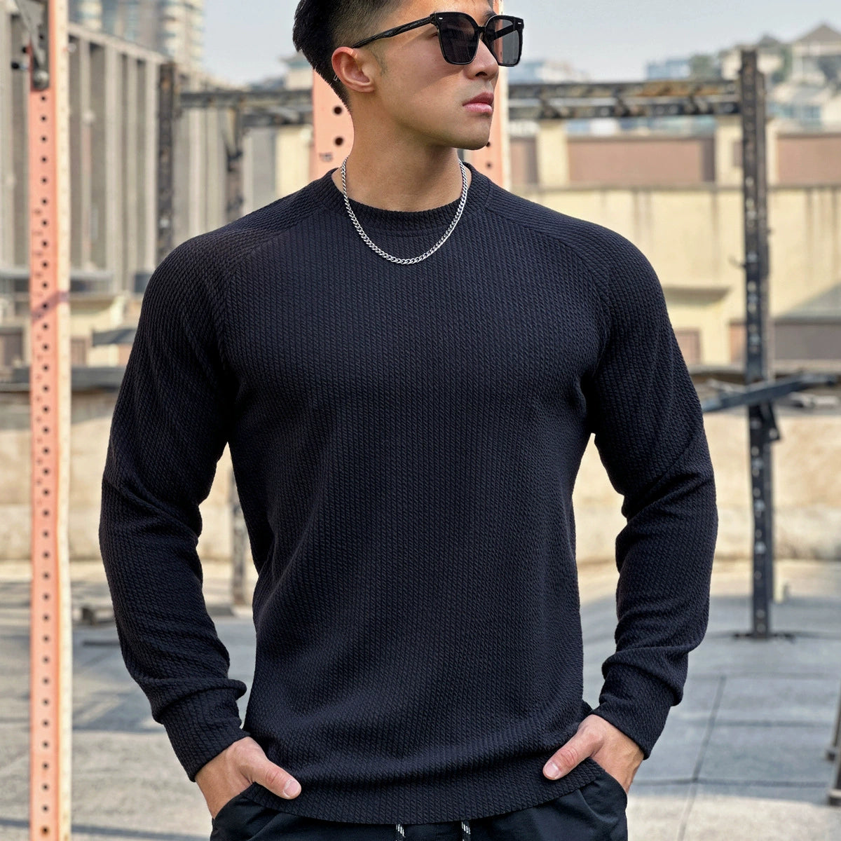 Ribbed knit crewneck sweater for men