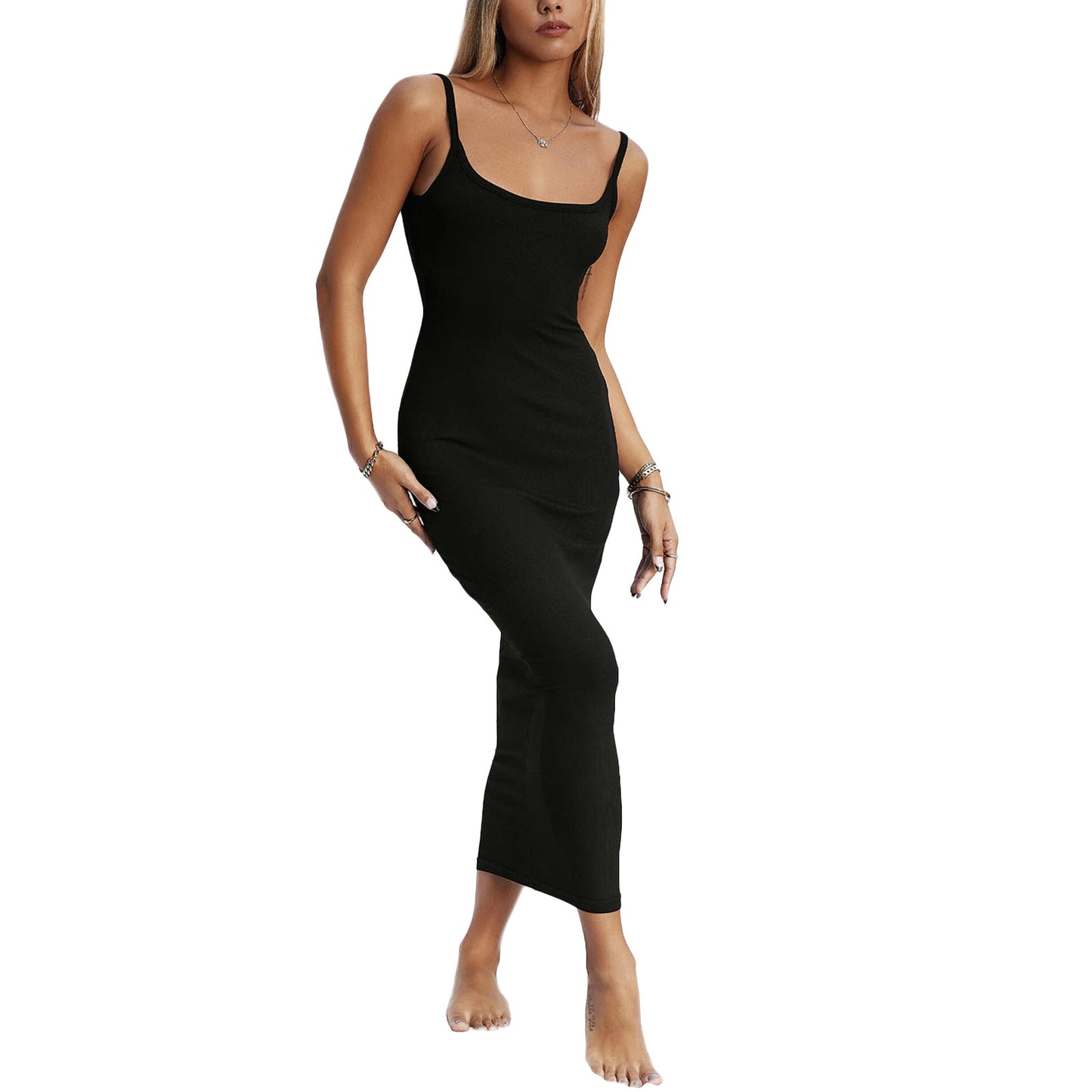 Women's Knit Midi Dress - Bodycon Fit - Square Neck - Sleeveless