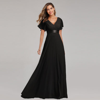 Women's Evening Gown - V-Neck with Flutter Sleeves - Flowing Maxi Length