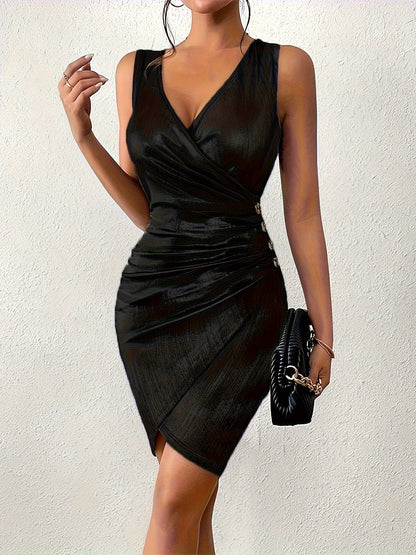 Women's Dress - V-Neck Wrap - Metallic Pleated - Hip-Wrapped Fashion