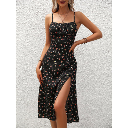Women's Midi Dress - Sleeveless Spaghetti Strap - Floral Print A-Line - Side Slit