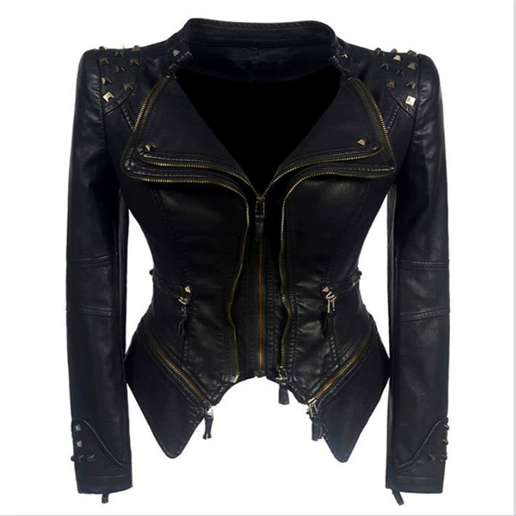 Women's black motorcycle jacket with zipper details