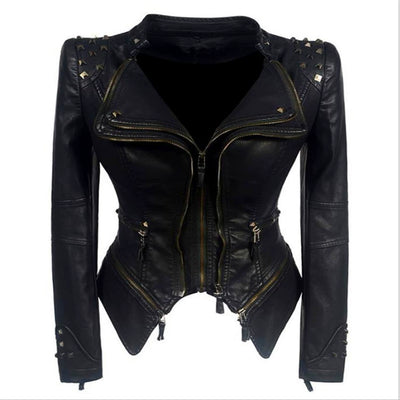 Women's black motorcycle jacket with zipper details