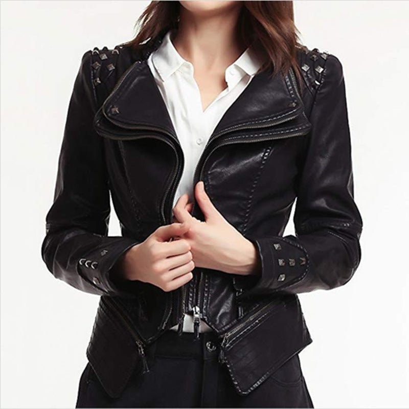 Women's black motorcycle jacket with zipper details