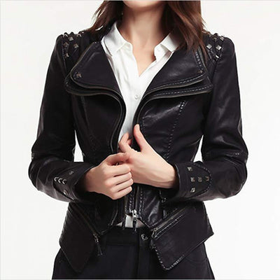 Women's black motorcycle jacket with zipper details
