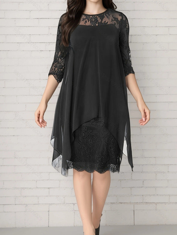 Women’s Chiffon Dress – A-Line Relaxed Fit – Lace Sleeves – Layered Midi Length
