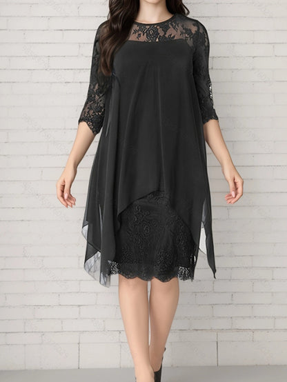 Women’s Chiffon Dress – A-Line Relaxed Fit – Lace Sleeves – Layered Midi Length