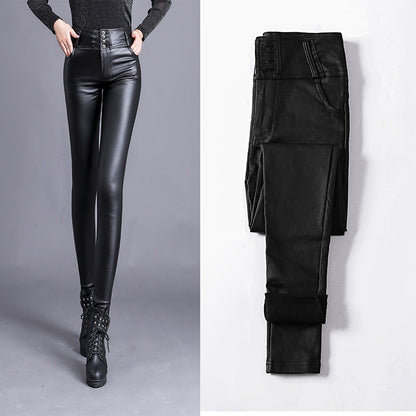 Women's High-Waisted Leather Trousers – Skinny Fit – Button Front – Sleek & Stylish
