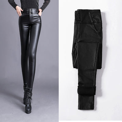 Women's High-Waisted Leather Trousers – Skinny Fit – Button Front – Sleek & Stylish