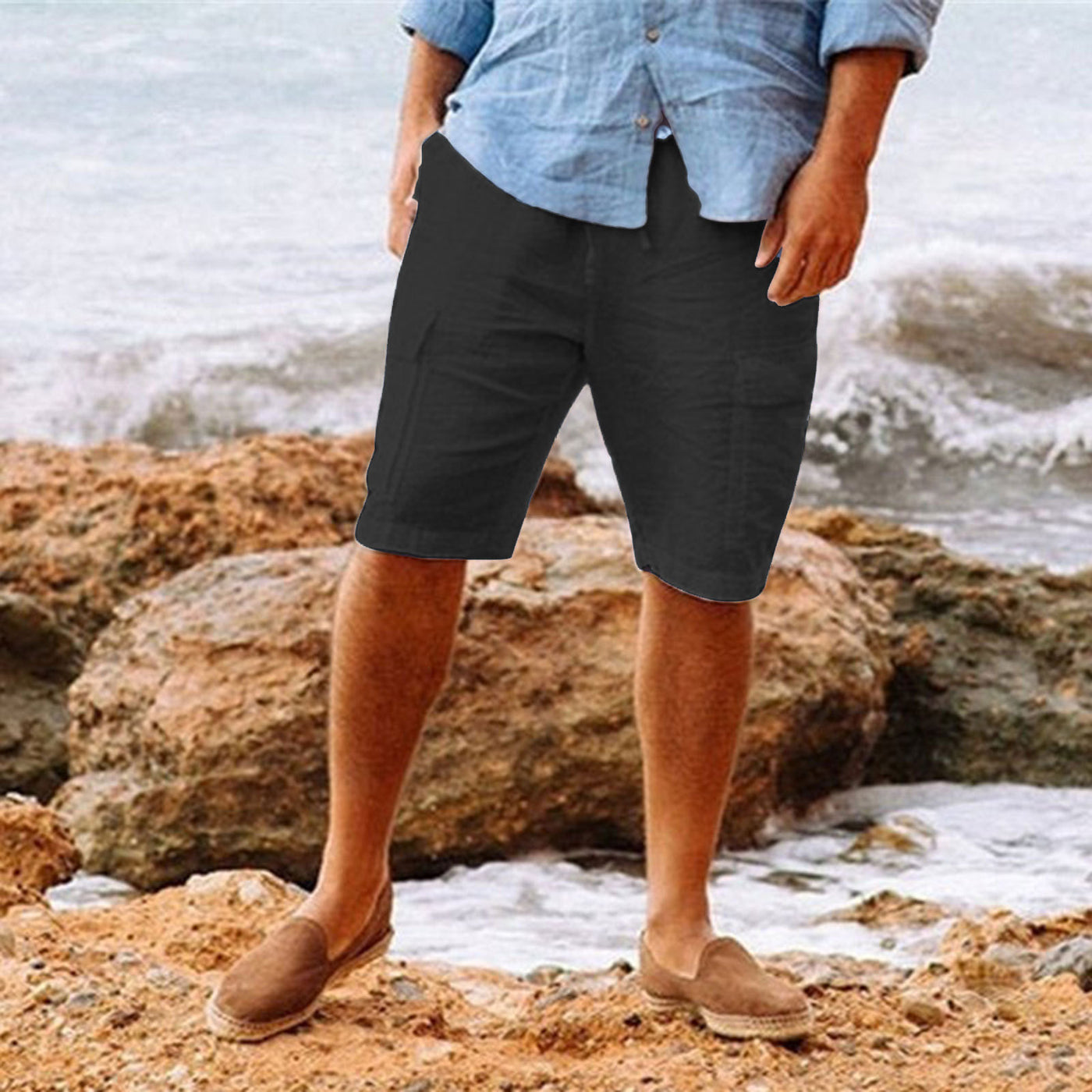 Men’s Linen Shorts - Breathable Lightweight Fabric - Relaxed Fit - Knee-Length Casual Wear