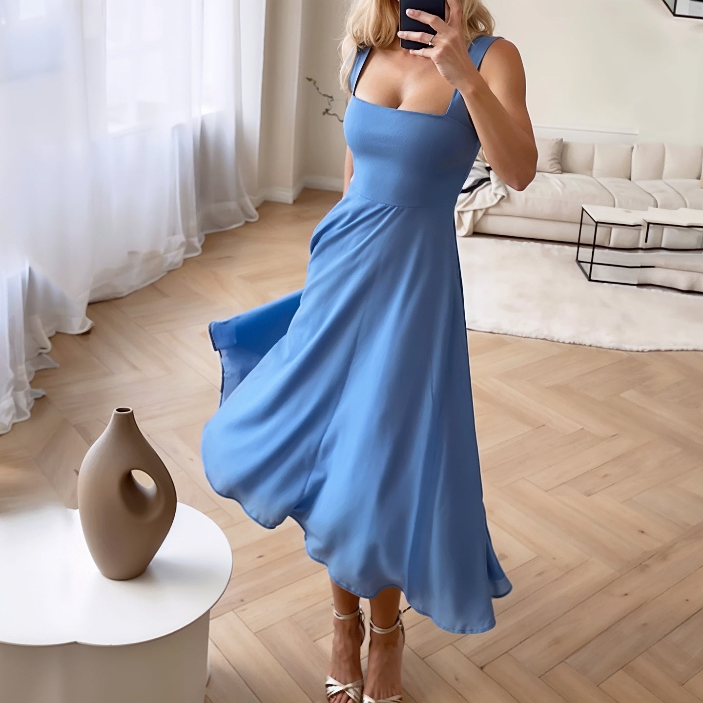 Women’s Midi Dress – Slim Fit Bodice – Square Neck – Flared Hem