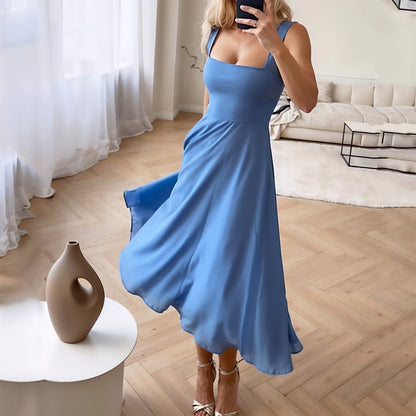 Women’s Midi Dress – Slim Fit Bodice – Square Neck – Flared Hem