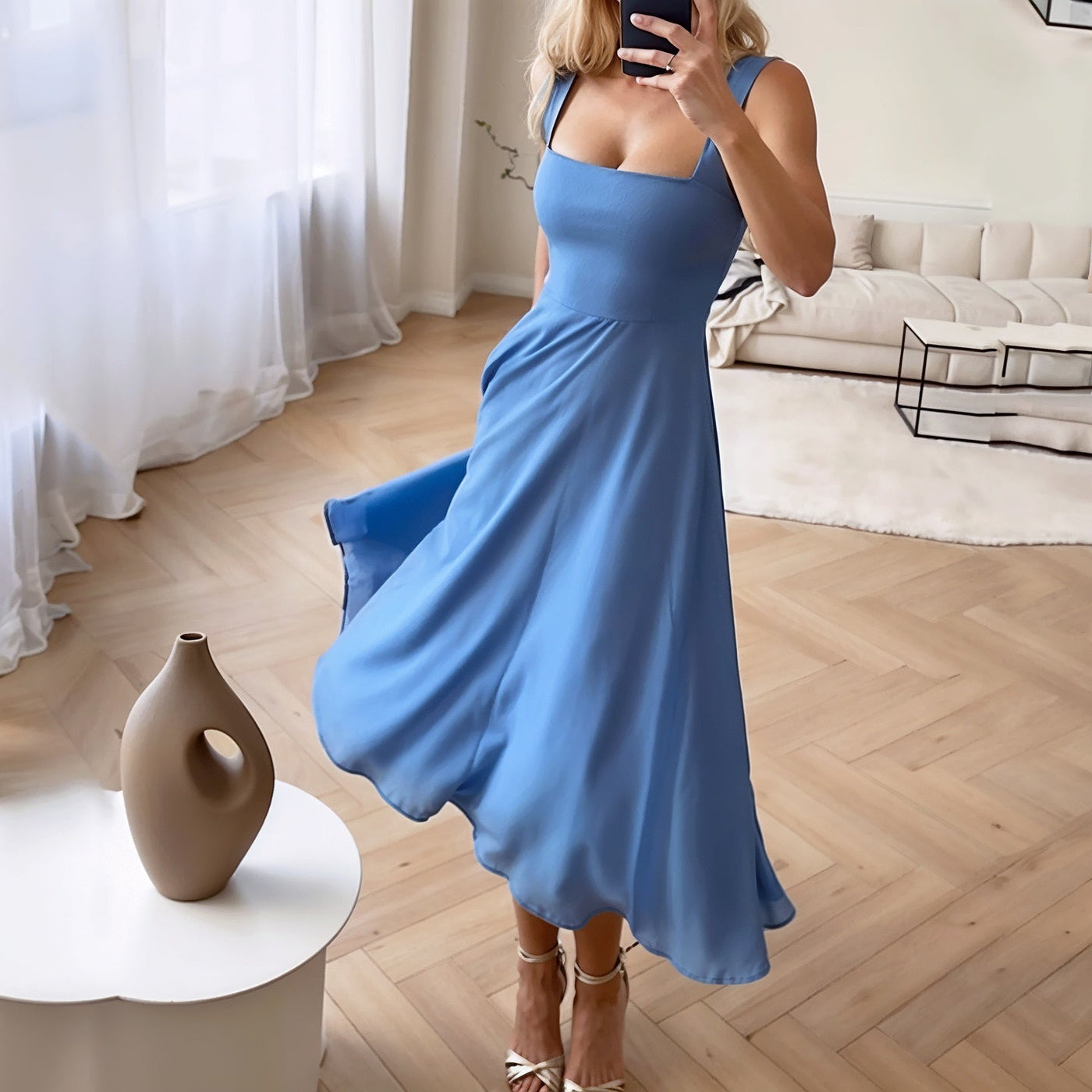 Women’s Midi Dress – Slim Fit Bodice – Square Neck – Flared Hem