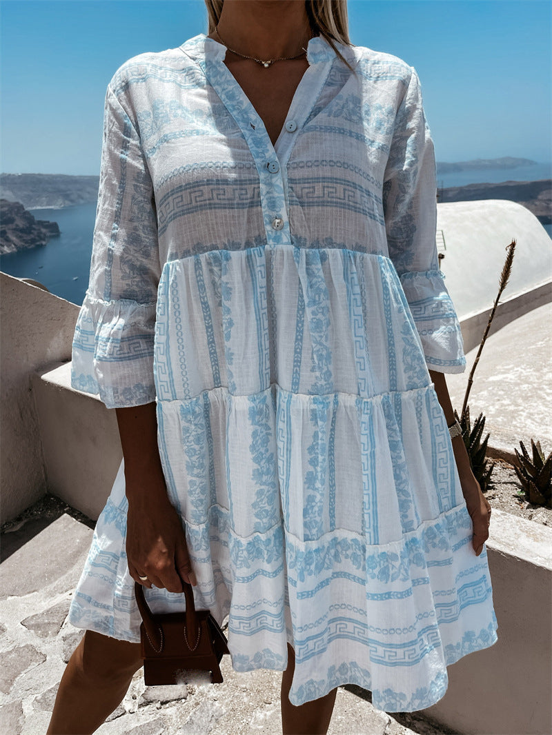 Women’s Midi Dress – Flowy A-Line Fit – Tiered Ruffles – Natural Fibers – Boho Style