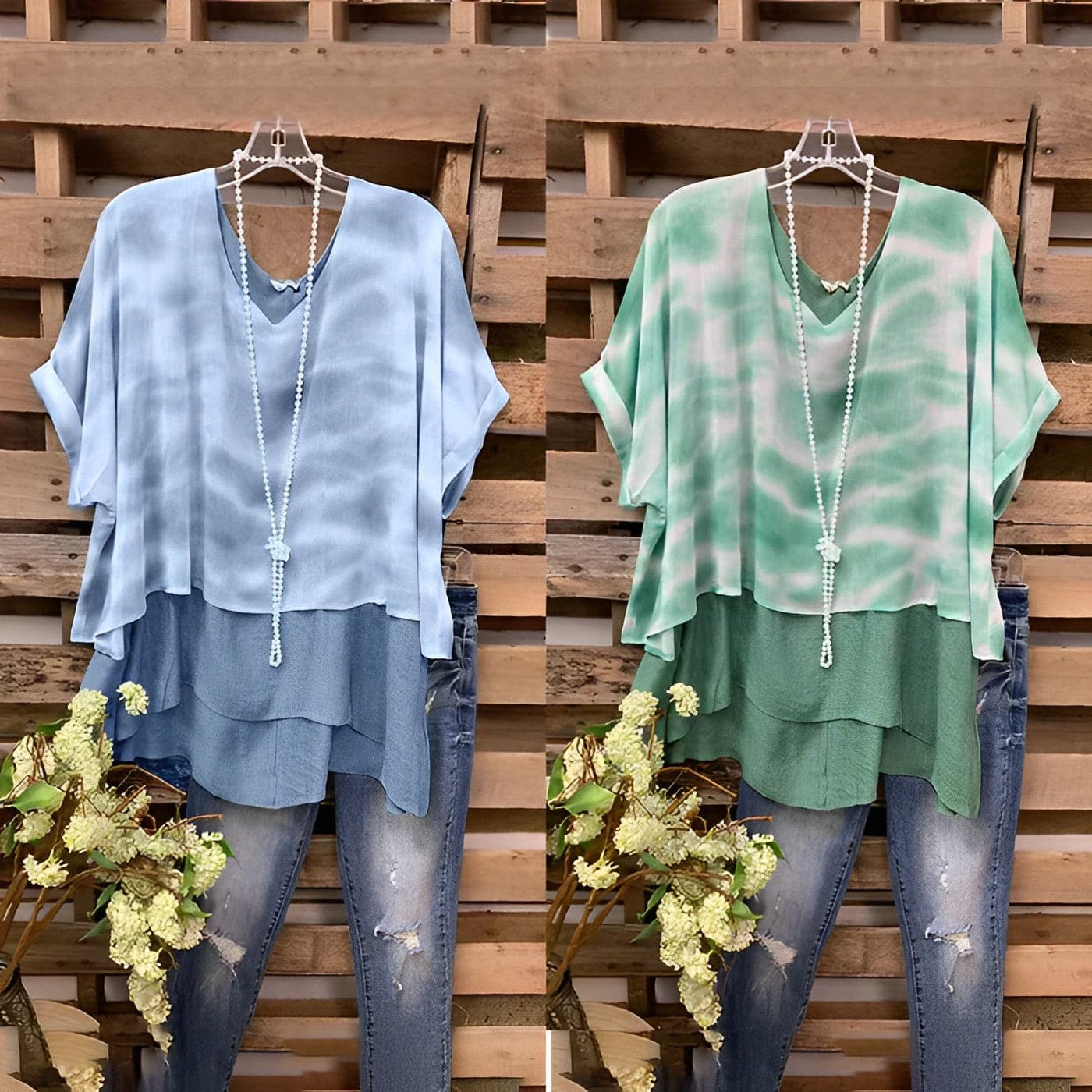 Women’s Blouse – Loose Fit – Layered Design – V-Neck – Short Sleeve – Breathable Blend