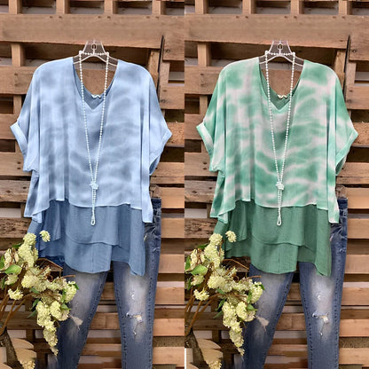 Women’s Blouse – Loose Fit – Layered Design – V-Neck – Short Sleeve – Breathable Blend