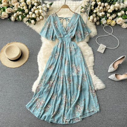 Women's Maxi Dress - V-Neck Shirred Waist - Short Flowing Sleeves - Elegant Fit